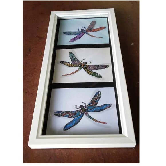 Three Dragonflies Art prints with Subliminal Wing Designs framed in a White Wood - Picture 2 of 12